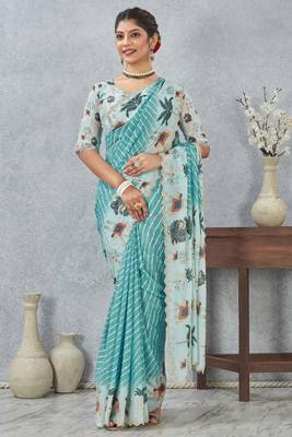 Sky blue digital printed satin silk designer saree 3