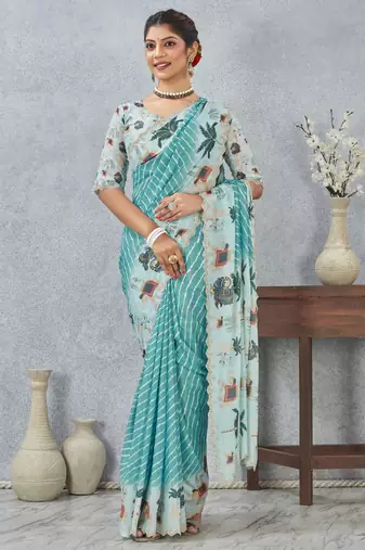 Sky blue digital printed satin silk designer saree