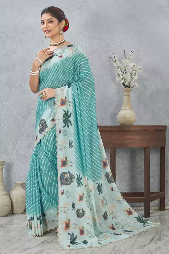 Sky blue digital printed satin silk designer saree