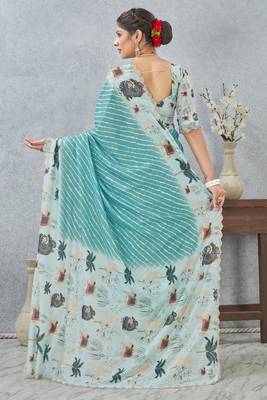 Sky blue digital printed satin silk designer saree 5