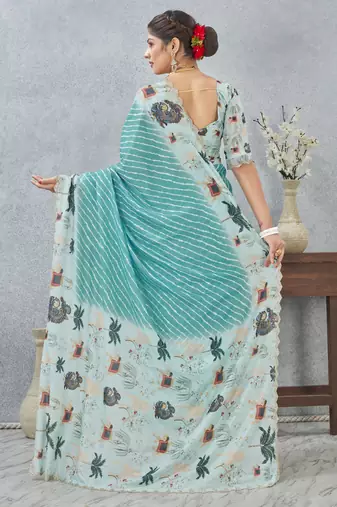 Sky blue digital printed satin silk designer saree