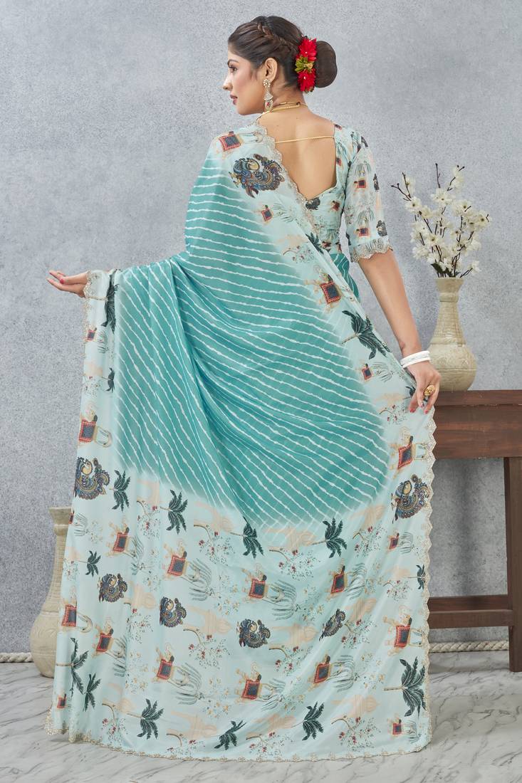 Sky blue digital printed satin silk designer saree