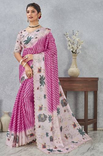 Pink digital printed satin silk designer saree