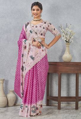 Pink digital printed satin silk designer saree 2