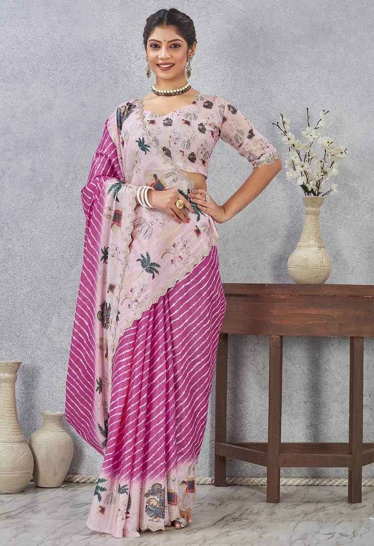Pink digital printed satin silk designer saree