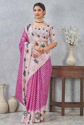 Pink digital printed satin silk designer saree 3
