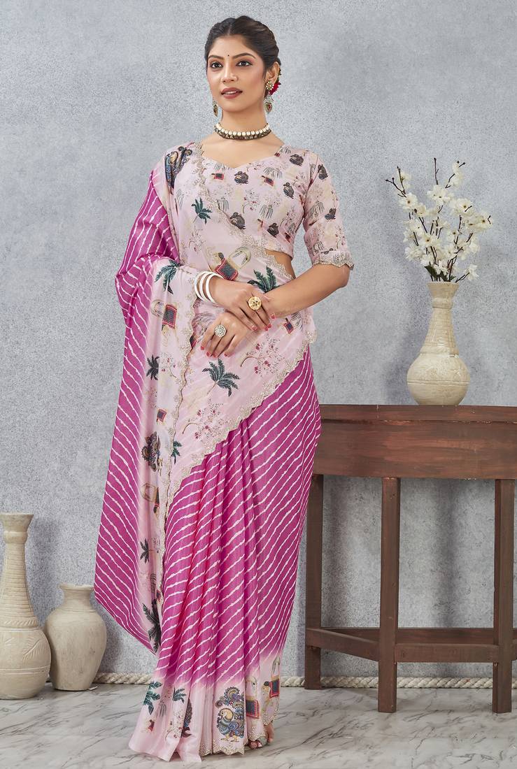Pink digital printed satin silk designer saree