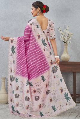 Pink digital printed satin silk designer saree 4
