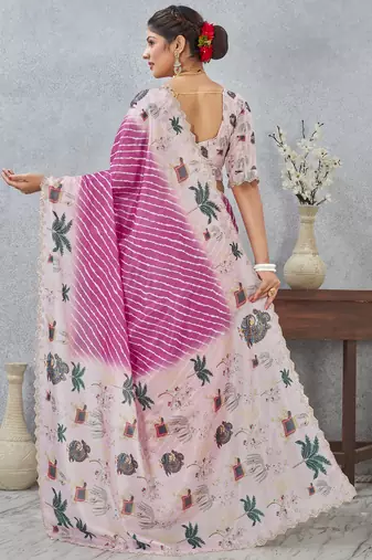 Pink digital printed satin silk designer saree