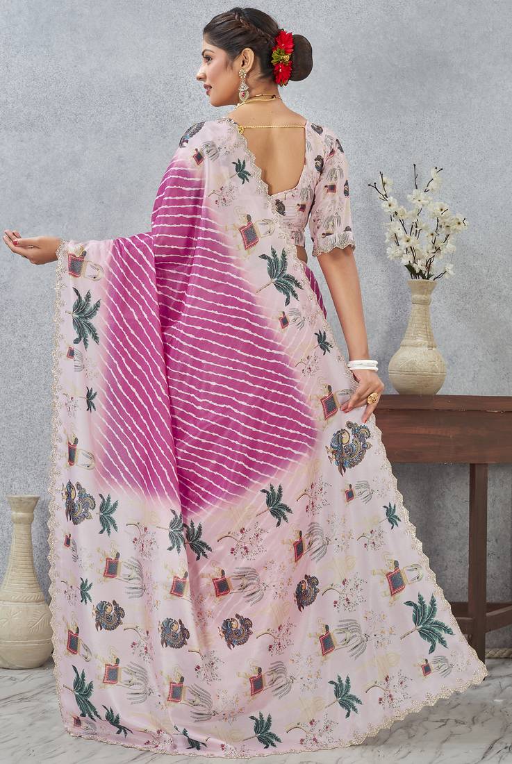 Pink digital printed satin silk designer saree