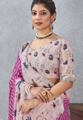 Pink digital printed satin silk designer saree 5