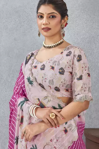Pink digital printed satin silk designer saree