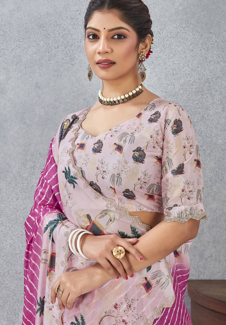 Pink digital printed satin silk designer saree