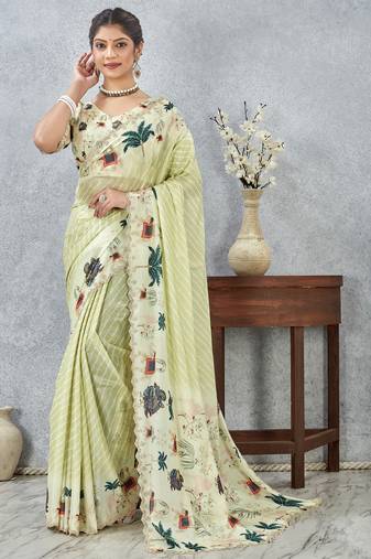 Lemon yellow digital printed satin silk designer saree