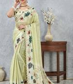 Lemon yellow digital printed satin silk designer saree