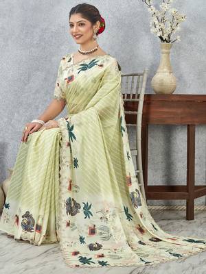 Lemon yellow digital printed satin silk designer saree 2