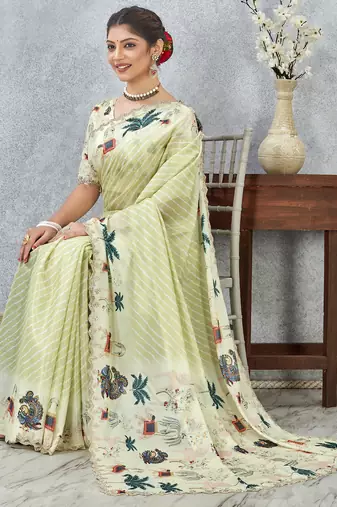 Lemon yellow digital printed satin silk designer saree