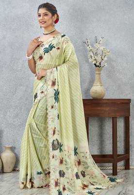 Lemon yellow digital printed satin silk designer saree 3