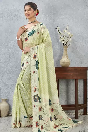 Lemon yellow digital printed satin silk designer saree