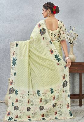 Lemon yellow digital printed satin silk designer saree 4