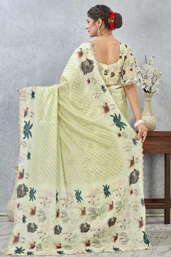 Lemon yellow digital printed satin silk designer saree