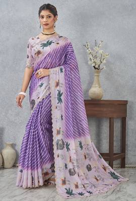 Purple digital printed satin silk designer saree 1