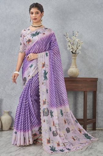 Purple digital printed satin silk designer saree
