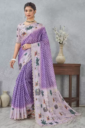 Purple digital printed satin silk designer saree