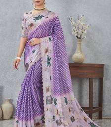 Purple digital printed satin silk designer saree
