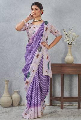 Purple digital printed satin silk designer saree 2