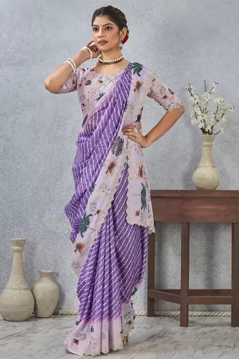 Purple digital printed satin silk designer saree