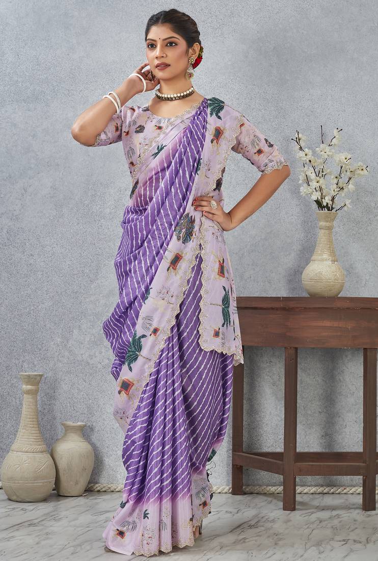 Purple digital printed satin silk designer saree