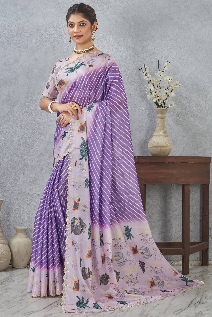 Purple digital printed satin silk designer saree