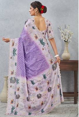Purple digital printed satin silk designer saree 4