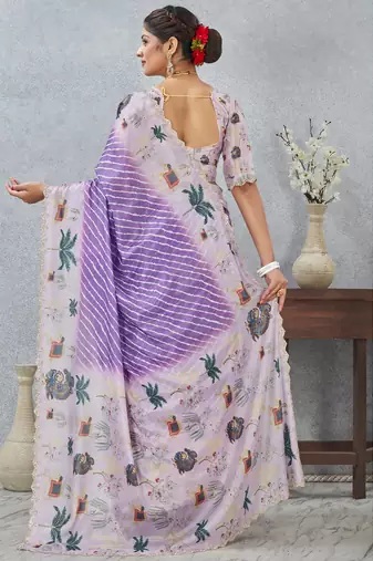 Purple digital printed satin silk designer saree