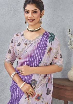 Purple digital printed satin silk designer saree 5