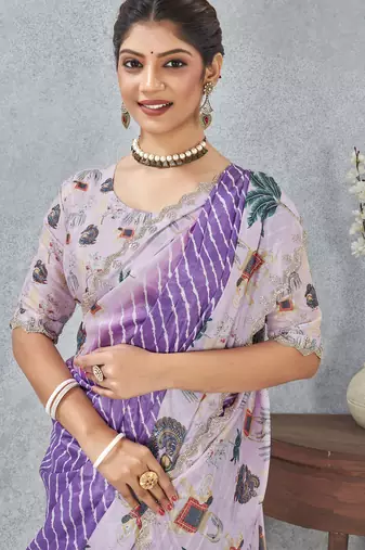Purple digital printed satin silk designer saree