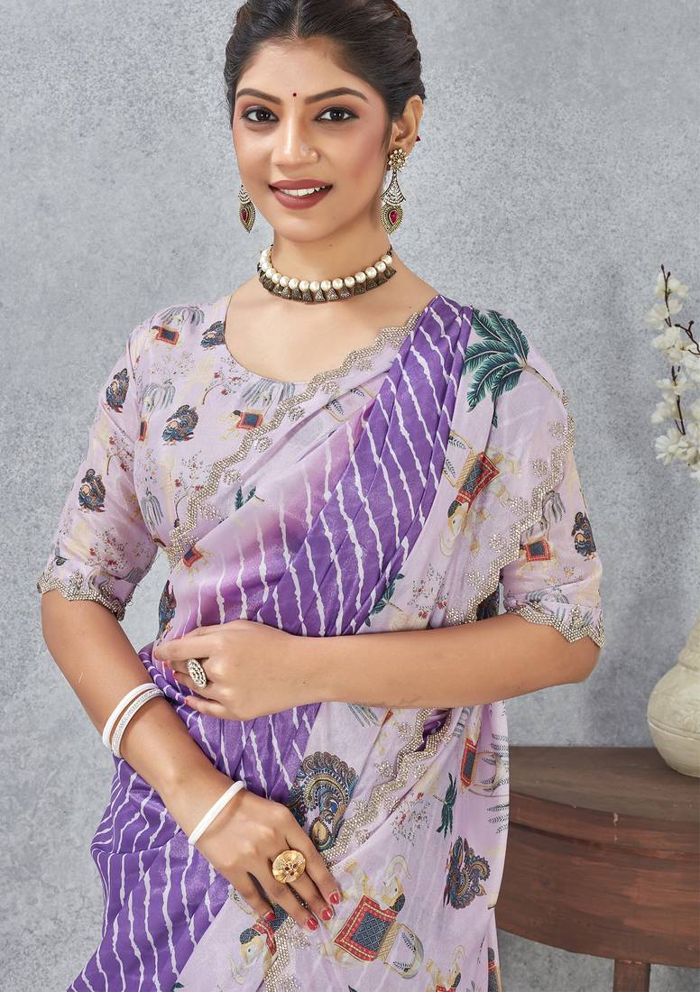 Purple digital printed satin silk designer saree