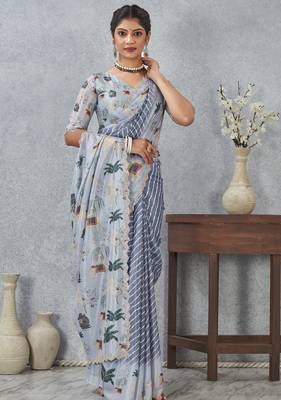 Grey digital printed satin silk designer saree 1