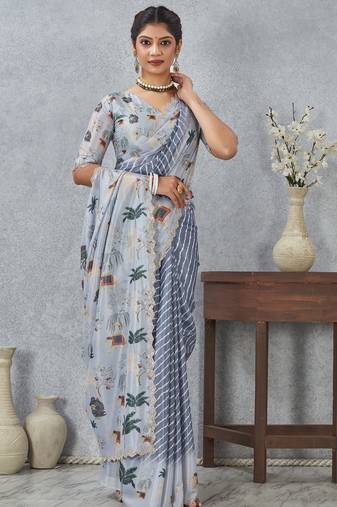 Grey digital printed satin silk designer saree