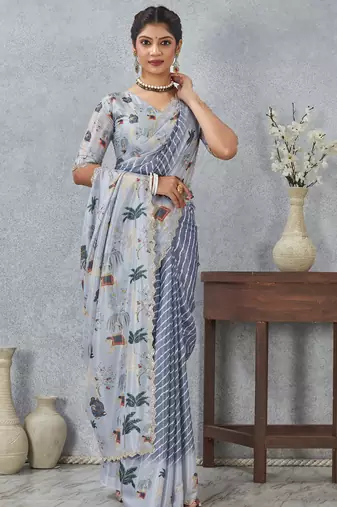 Grey digital printed satin silk designer saree