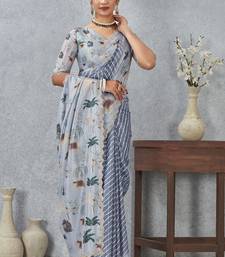 Grey digital printed satin silk designer saree
