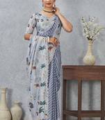 Grey digital printed satin silk designer saree