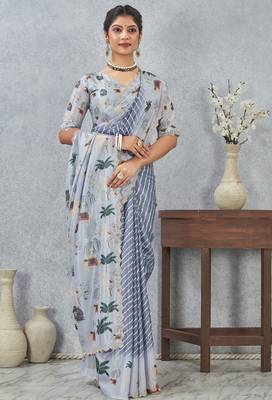 Grey digital printed satin silk designer saree 2