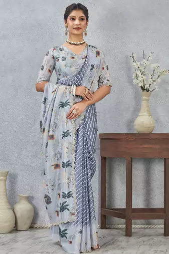 Grey digital printed satin silk designer saree