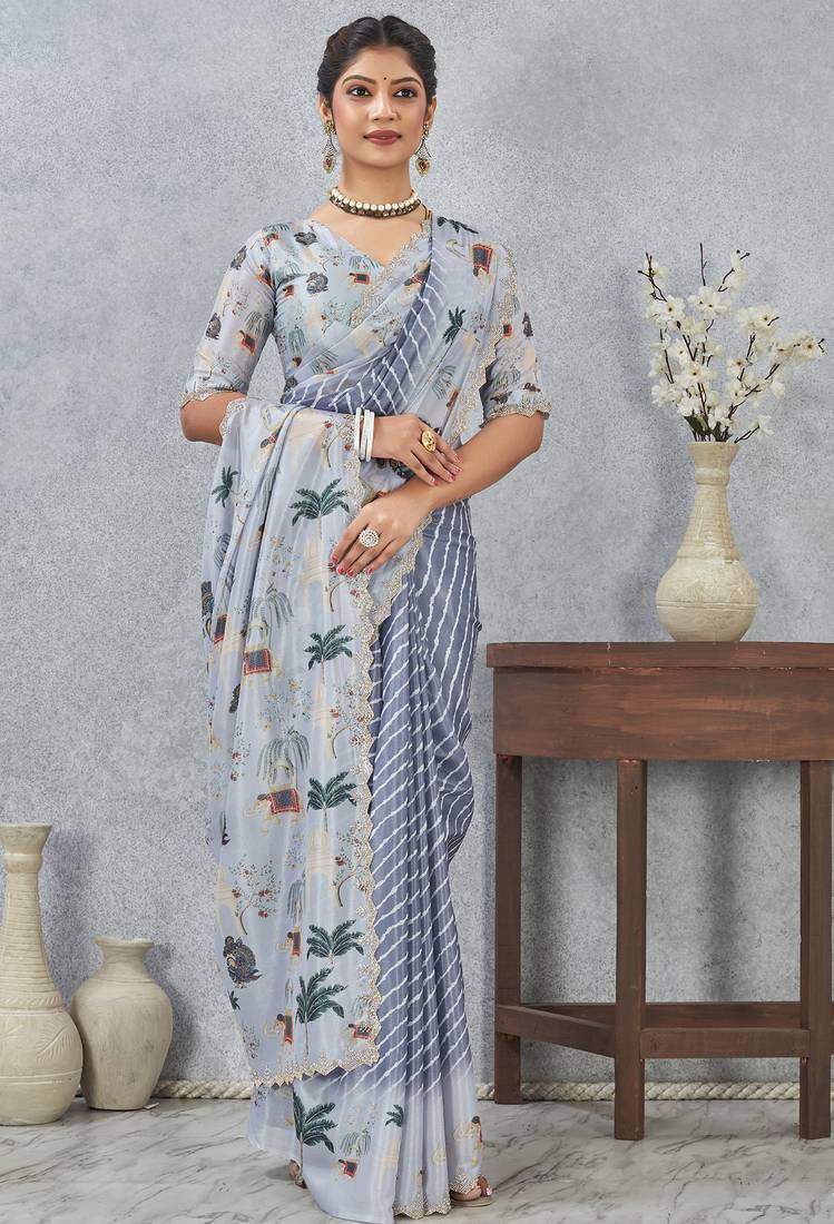 Grey digital printed satin silk designer saree