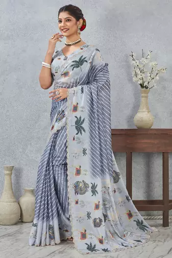 Grey digital printed satin silk designer saree