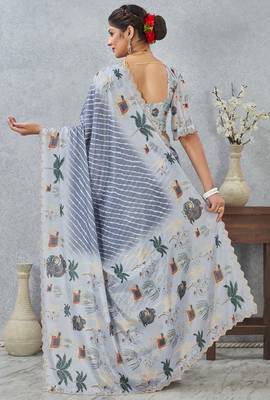 Grey digital printed satin silk designer saree 4