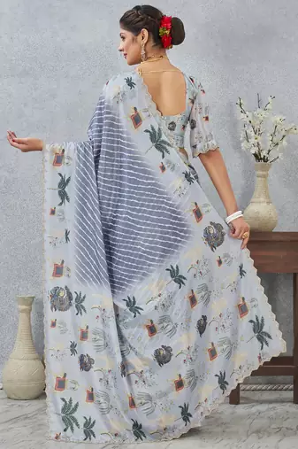 Grey digital printed satin silk designer saree