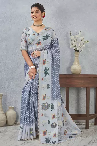 Grey digital printed satin silk designer saree